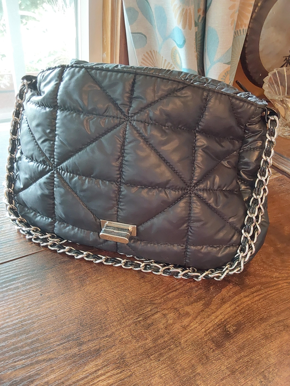 Chico's Quilted Black Shoulder Bag with Silver Chain